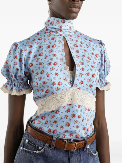 Dolce & Gabbana Dolce  Gabbana Small Rose-printed Charmeuse Top In Blue