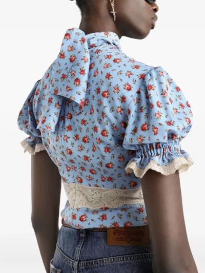 Dolce & Gabbana Dolce  Gabbana Small Rose-printed Charmeuse Top In Blue