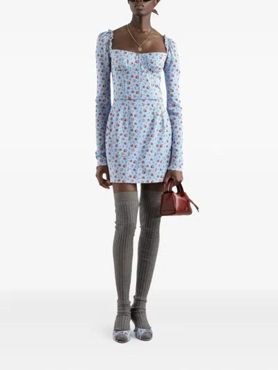 Dolce & Gabbana Small Rose-print Short Charmeuse Dress In Blue