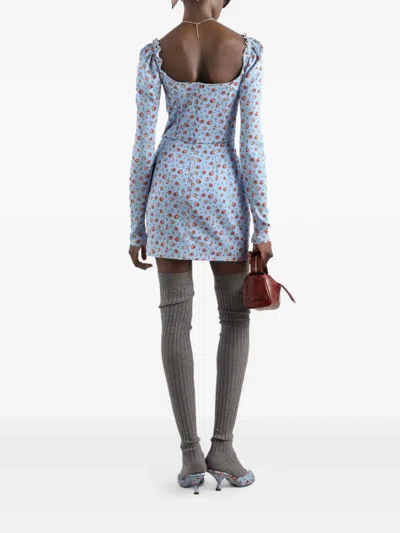 Dolce & Gabbana Small Rose-print Short Charmeuse Dress In Blue
