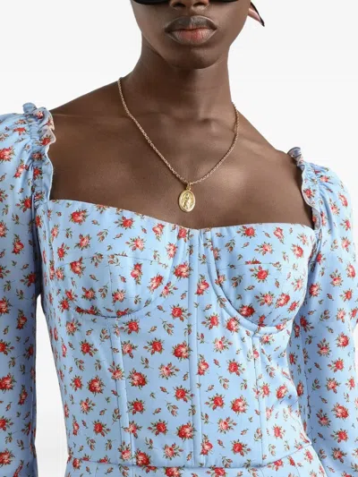 Dolce & Gabbana Small Rose-print Short Charmeuse Dress In Blue