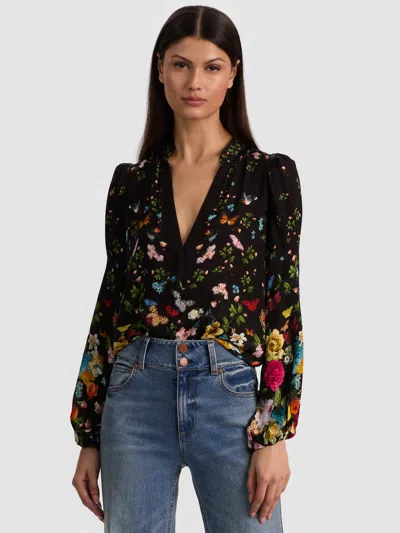 Alice And Olivia Helen Blouson Sleeve Blouse In Black