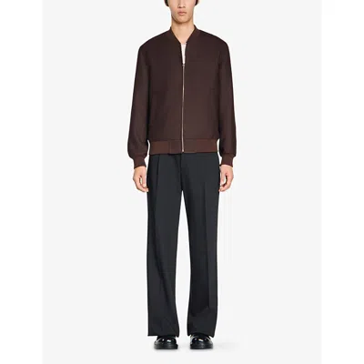 Sandro Mens Chocolate Ribbed-collar Regular-fit Technical Wool-blend Jacket In Brown