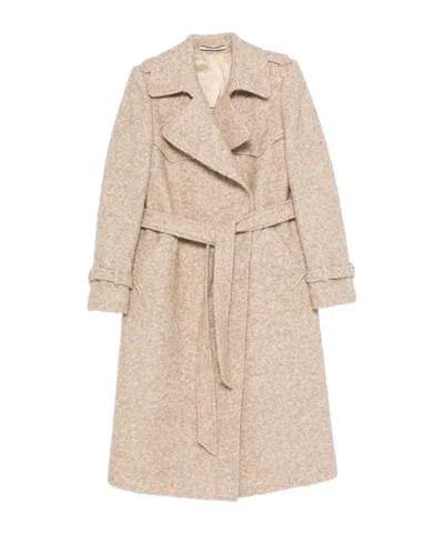 Tagliatore Belted Herringbone-pattern Coat In Pink