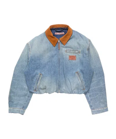 Acne Studios Leather Collar Denim Bomber Jacket In Blue