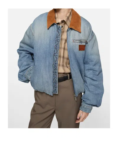 Acne Studios Leather Collar Denim Bomber Jacket In Blue