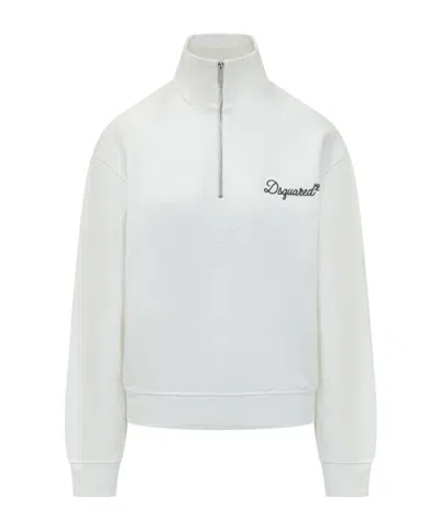 Dsquared2 White Logo Mock Collar Sweatshirt In White