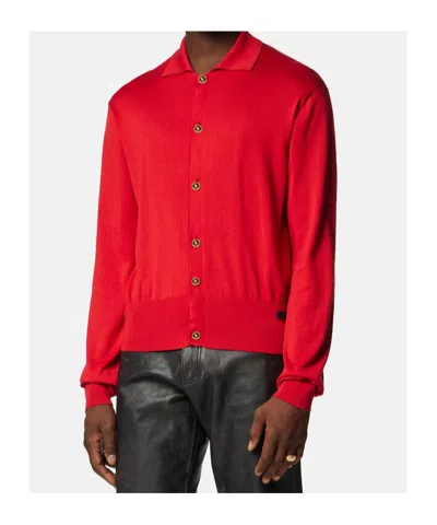 Versace Silk Blend Cardigan Collared Design In Red