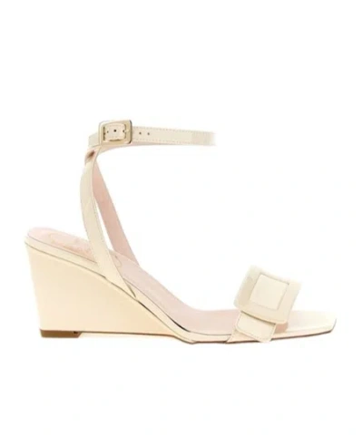 Roger Vivier Belle Vivier 60 Metallic Leather Wedge Sandals In White