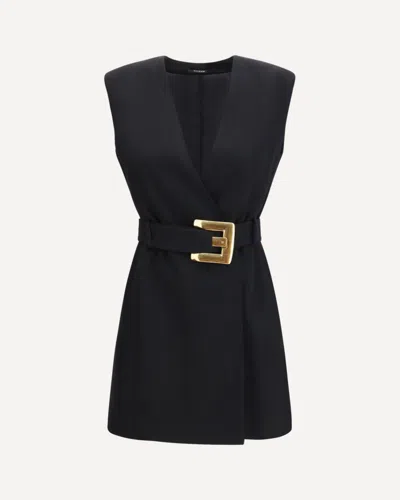 Balmain Sleeveless Wrap Dress Belted Waist Neckline In Black