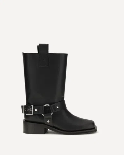 Ganni Mid Calf Recycled Leather Biker Boots In Black