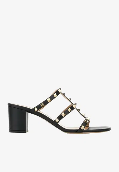 Valentino Rockstud Leather Sandals With Iconic Side Studs In Black