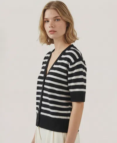 Naadam Lightweight Cashmere Striped Short Sleeve Cardigan In Black