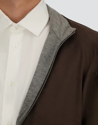 Herno Suede-texture Brown Casual Jacket With High Collar In Brown