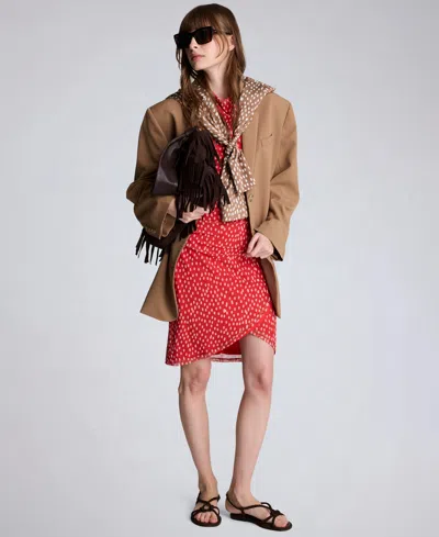 Kenneth Cole Polka Dot Mesh Side Rouched Faux Wrap Dress In Red