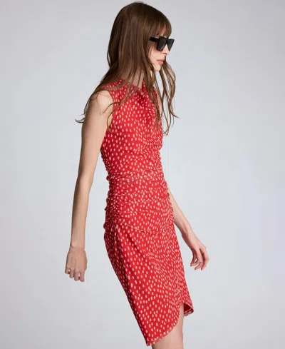 Kenneth Cole Polka Dot Mesh Side Rouched Faux Wrap Dress In Red