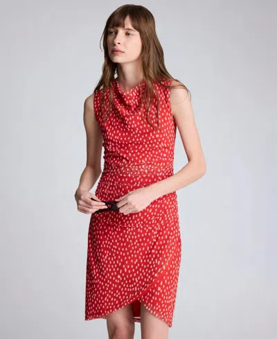 Kenneth Cole Polka Dot Mesh Side Rouched Faux Wrap Dress In Red