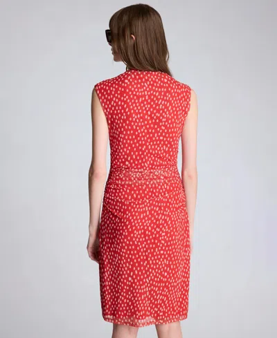 Kenneth Cole Polka Dot Mesh Side Rouched Faux Wrap Dress In Red
