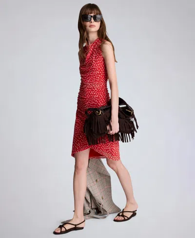 Kenneth Cole Polka Dot Mesh Side Rouched Faux Wrap Dress In Red