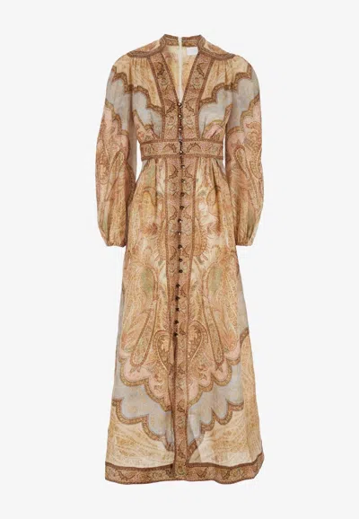 Zimmermann Wanderlust Multicolor Long Dress With V Neck And All-over Paisley Motif In Linen Woman