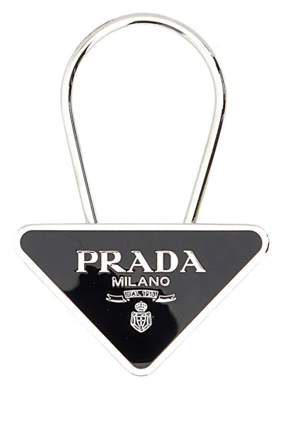 Prada Metal Key Ring Triangular Shape Engraving In Black
