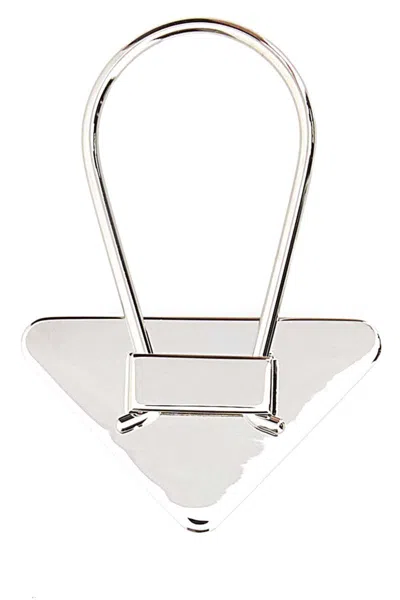 Prada Metal Key Ring Triangular Shape Engraving In Black