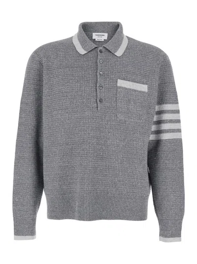 Thom Browne Grey Polo Shirt With 4-bar Detail On The Sleeve In Wool And Silk Blend Man In Gray