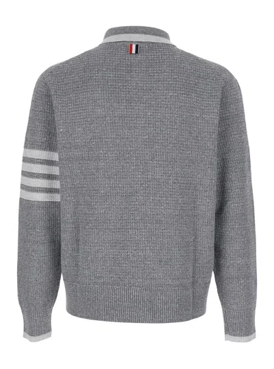 Thom Browne Grey Polo Shirt With 4-bar Detail On The Sleeve In Wool And Silk Blend Man In Gray