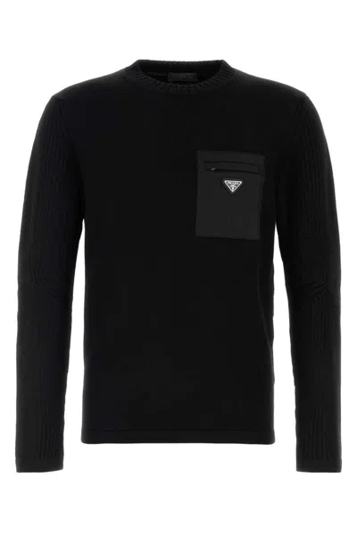Prada Wool Sweater Chest Pocket Ribbed Sleeves In Black