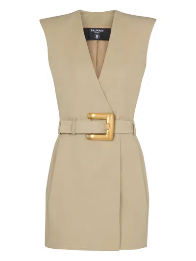 Balmain Wrap Cotton Gabardine Dress Belt Detail In Neutral