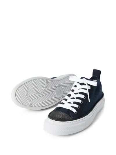 Brunello Cucinelli Bead-embellished Suede-trimmed Stretch-knit Sneakers In Blue