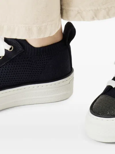 Brunello Cucinelli Bead-embellished Suede-trimmed Stretch-knit Sneakers In Blue