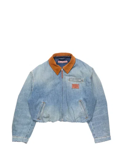 Acne Studios Leather Collar Denim Bomber Jacket In Blue
