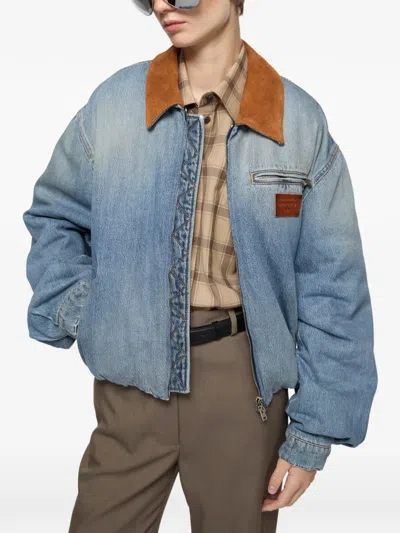 Acne Studios Leather Collar Denim Bomber Jacket In Blue