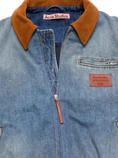 Acne Studios Leather Collar Denim Bomber Jacket In Blue