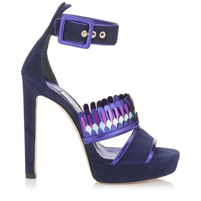 Shop Jimmy Choo Kathleen 130 Navy Mix Suede And Mirror Leather Platform Sandals