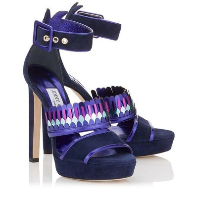 Shop Jimmy Choo Kathleen 130 Navy Mix Suede And Mirror Leather Platform Sandals