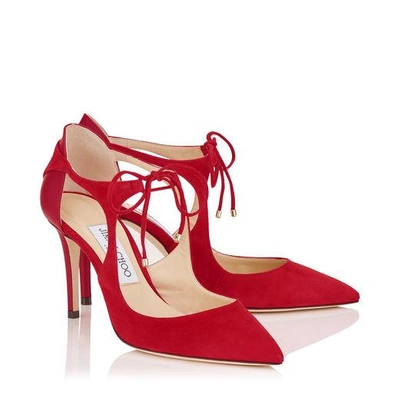 Shop Jimmy Choo Vanessa 85 Red Suede And Nappa Pointy Toe Pumps In Red/red