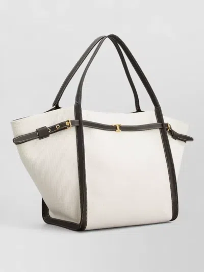 Tod's White Tote Bag With Front Leather Buckled Belt In Cotton Blend Woman