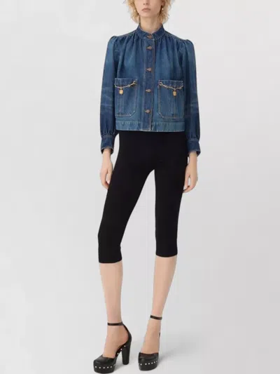 Chloé Blue Jacket With High Neck And Chain Detail On The Front In Denim Woman In Blue