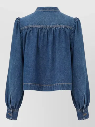 Chloé Blue Jacket With High Neck And Chain Detail On The Front In Denim Woman In Blue