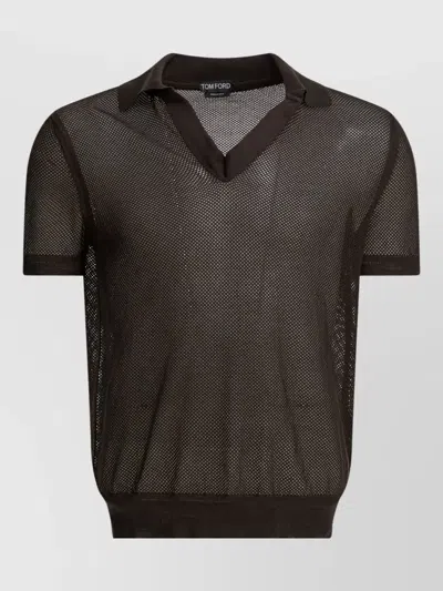 Tom Ford Mens Chocolate Open-collar Mesh Cotton And Silk-blend Polo Top In Brown