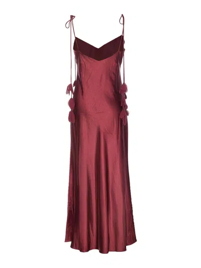 Self-portrait Bordeaux Long Dress With Knotted Shoulder Straps And Floral Details In Fabric Woman In Brown