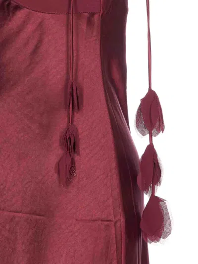 Self-portrait Bordeaux Long Dress With Knotted Shoulder Straps And Floral Details In Fabric Woman In Brown