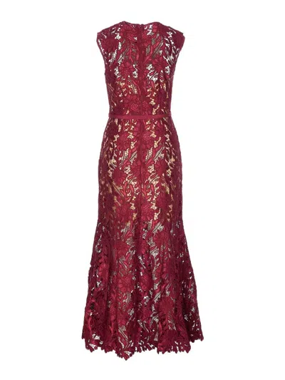 Self-portrait Fitted Guipure Lace Midi Dress With Removable Belt In Red