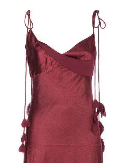 Self-portrait Bordeaux Long Dress With Knotted Shoulder Straps And Floral Details In Fabric Woman In Brown