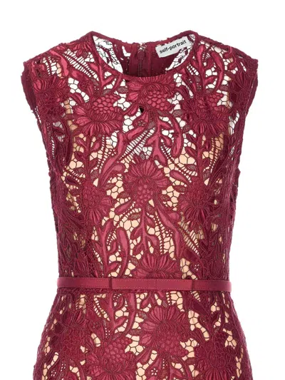 Self-portrait Fitted Guipure Lace Midi Dress With Removable Belt In Red