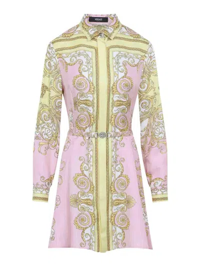 Versace Multicolor Long-sleeved Shirt With Pointed Collar And All-over Baroque Print In Silk For Women