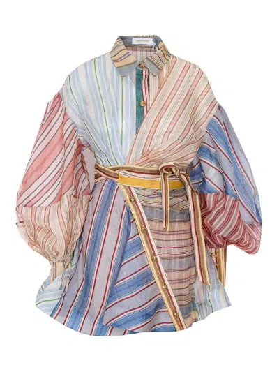 Zimmermann Rebellion Multicolor Midi Dress With Bow Detail On The Front And All-over Striped Motif In Linen And In Multi
