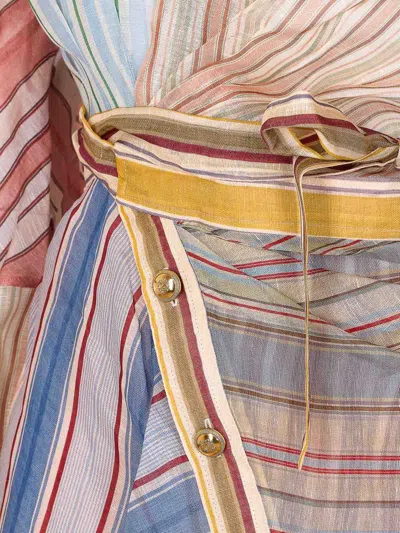 Zimmermann Rebellion Multicolor Midi Dress With Bow Detail On The Front And All-over Striped Motif In Linen And In Multi